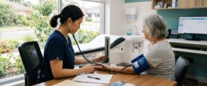 GP checking blood pressure during a driving medical Liverpool assessment at a consulting room desk